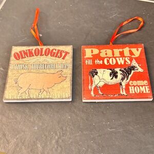 Set of 2 Ceramic Christmas Ornaments‎ Pig and Cow Come Home Farmhouse Decor